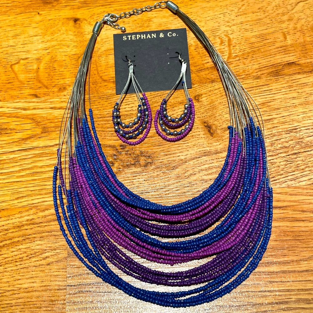 Purple Beaded Necklace & Earring Set
